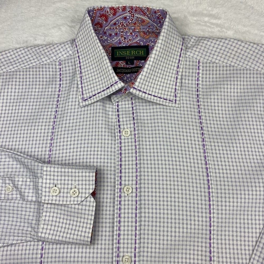 INSERCH‎ Icon Dress Shirt Mens Large Purple Check Paisley Trim Embroidered